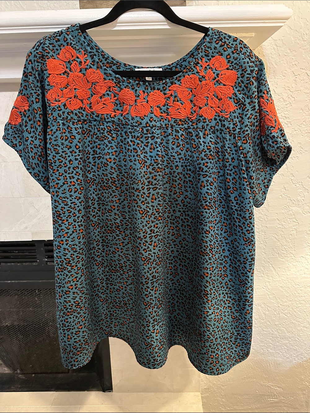 Turquoise Leopard-Print Tunic with Orange Floral Embroidery